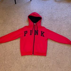 red PINK plush hoodie zip-up sweater size XS